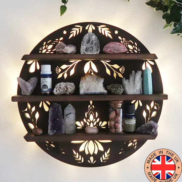Lámpara de estante con forma de luna marrón Coppermoon, estante iluminado con forma de luna, estante de cristal lunar