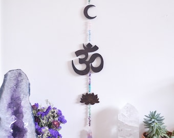 Coppermoon Lotus, OM and Moon Rainbow Gemstone Wall Hanging, Healing Crystals, Raw Crystals, wall decor