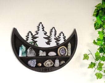 Coppermoon Black Moon Forest Crystal Cluster Moon Phases Mirror Shelf - Étagère en cristal en bois pour huiles essentielles, étagère d'autel, cadeaux de sorcière