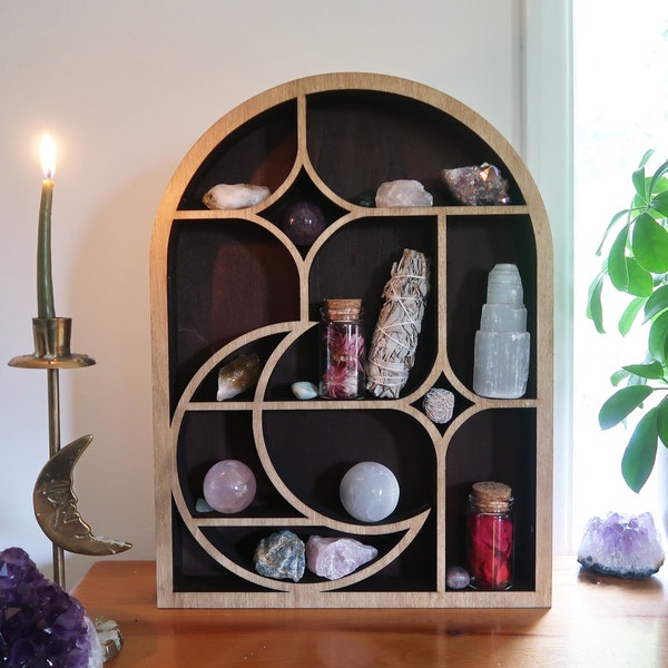 Coppermoon Oak and Brown Moon & Stars Arch Crystal Shelf