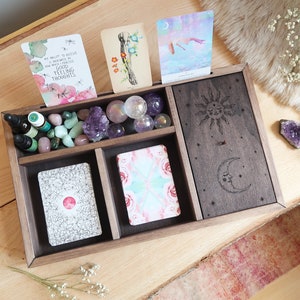Coppermoon Sun & Moon Tarot Oracle Card Holder Compartment Box, Moon Phase Tarot Box, Crystal Box