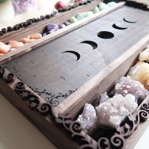 Boîte de tarot phases de lune Coppermoon, rangement pour cartes de tarot, boîte de tarot des arcanes majeurs, boîte de cristal de tarot en bois