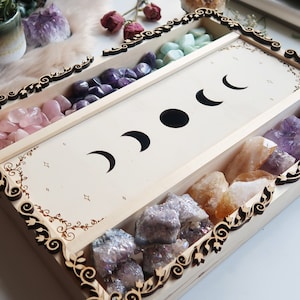 Caja de tarot de fase lunar de Coppermoon, almacenamiento de cartas de tarot, caja de tarot de arcanos mayores, caja de cristal de tarot de madera