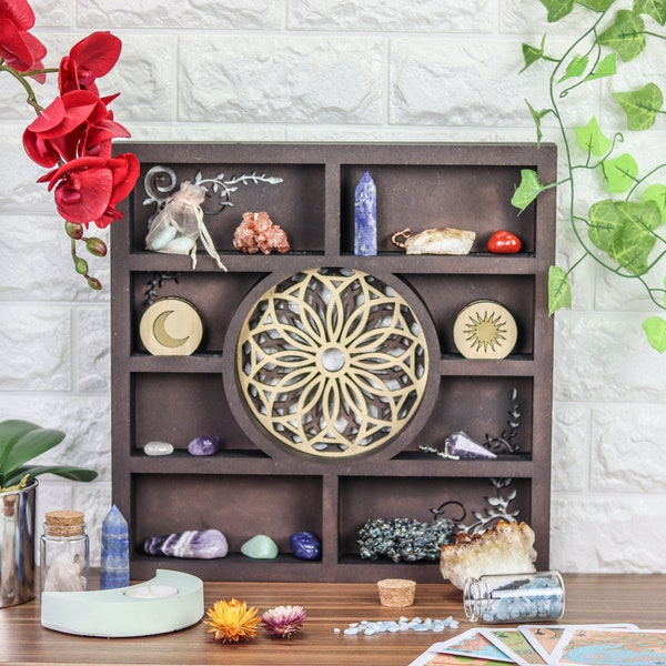 Coppermoon Flower Geometric Shelf, Crystal Shelf, Wooden Altar Shelf, Essential Oil Shelf, Trinket shelf, Apothecary Shelf, Display Shelf