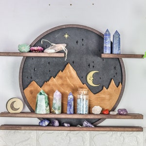 Coppermoon Mountain Wall Art Crystal Shelf - Starry night Moon Shelf, Witchy Gifts Moon Decor, Wood Shelf, Boho Decor Geometric Shelf