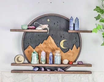 Coppermoon Mountain Wall Art Crystal Shelf - Starry night Moon Shelf, Witchy Gifts Moon Decor, Wood Shelf, Boho Decor Geometric Shelf