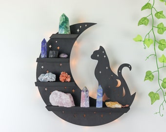 Coppermoon Wooden Light Up Black Cat shelf, Crystal Shelf Cat Lamp, Moon Shelf, Cat Decor Witchy Gifts, Cat Lover Gift, Cat Furniture Wall