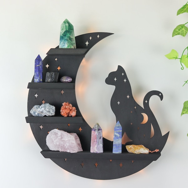 Coppermoon Wooden Light Up Black Cat shelf, Crystal Shelf Cat Lamp, Moon Shelf, Cat Decor Witchy Gifts, Cat Lover Gift, Cat Furniture Wall