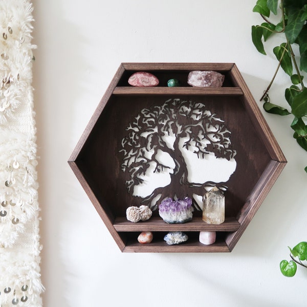 Étagère hexagonale marron Coppermoon, étagère Arbre de vie, étagère en cristal