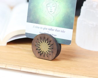 Coppermoon Tarot Card Holder, Dark Wood Sun Pattern, Wood card holder for Tarot cards, Oracle Cards, Affirmation cards, Witchy gifts