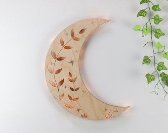 Coppermoon Botanical Crescent Moon Lamp Wall Light - Light Wood Lamp, Moon Phases Witchy Decor, Celestial Decor, Witchy Decor, Moon Decor