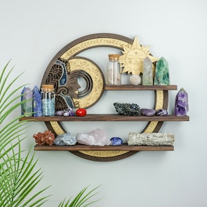 Coppermoon Sun and Moon Curio Shelf Wooden - Curios, Curio wall shelf, Curio shelves, Curio cabinet, Fun curio, Curio cupboard, Deco curio