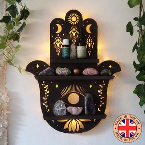 Coppermoon Brown Hamsa Hand Shelf, Hamsa Hand Lamp, Hand of Fatima, wooden crystal shelf, Hamsa Wall Art Black