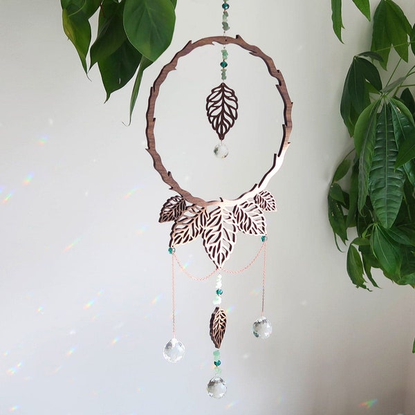 Coppermoon Woodland Crystal Suncatcher -Wooden Witchy Decor or Boho Decor Gift for her Crystal Wall Hanging, Wood wall decor, Witchy gifts