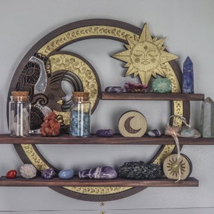 Coppermoon Sun and Moon Crystal shelf- Witchy gifts, Spice Rack, Apothecary shelf / cabinet, Alter Shelf, Witchy décor, Nursery shelf,