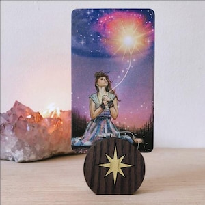 Coppermoon Star tarotkaarthouder, donkerhouten maanpatroon, houten kaarthouder voor tarotkaarten, orakelkaarten, bevestigingskaart,