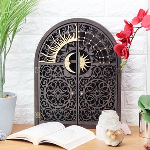 Coppermoon Curio Celestial Arch Cabinet- Gothic Furniture, Curio shelf. Curios, Curio Cabinet, Curio Shelves, Curio Cupboard, Goth Baby.
