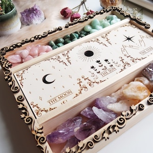 Boîte de tarot Lune de cuivre, boîte de cartes de tarot, boîte de tarot des arcanes majeurs, rangement pour cartes de tarot, boîte de cristal de tarot en bois, support de cristal, boîte de cristal.