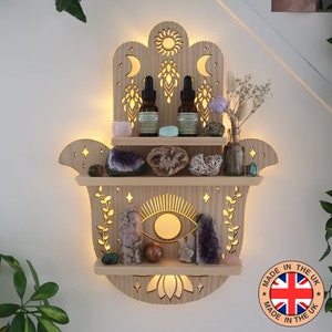 Coppermoon Brown Hamsa Hand Shelf, Hamsa Hand Lamp, Hand of Fatima, wooden crystal shelf, Hamsa Wall Art Light wood