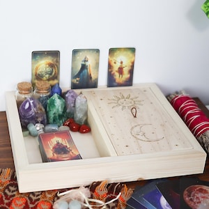 Petite boîte à compartiments pour cartes Oracle de tarot soleil et lune Coppermoon, boîte en cristal, support en cristal, cartes de tarot, bois clair