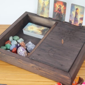 Petite boîte à compartiments pour cartes Oracle de tarot soleil et lune Coppermoon, boîte en cristal, support en cristal, cartes de tarot, bois foncé