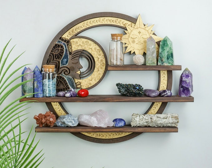 Coppermoon Sun and Moon Crystal shelf- Cottage core decor, Dark cottagecore decor, Cottagecore gift, Cottagecore room decor, Cottagecore art