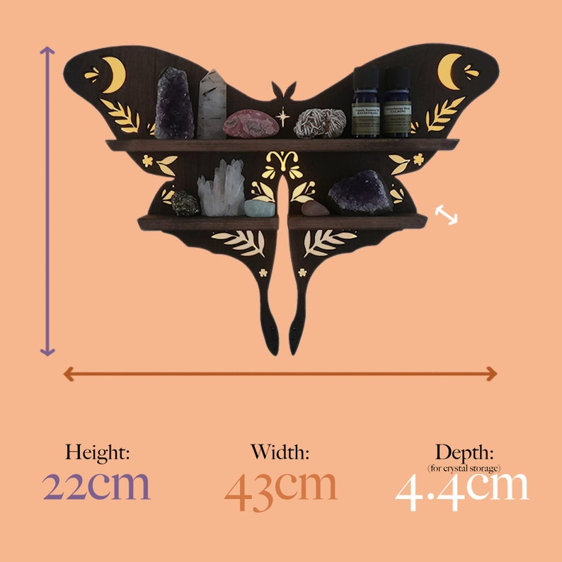 May include: Dark brown wooden wall shelf shaped like a moth with gold accents.  Two shelves provide storage space. Dimensions: Height 22cm, Width 43cm, Depth 4.4cm (for crystal storage). Crystals and essential oil bottles are displayed on the shelves.