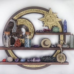Coppermoon Sun and Moon Crystal shelf- Sun and moon wall art, Sun and moon decor, Celestial Decor, Moon Decor, Sun and Moon Wall Decor,
