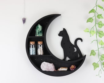 Coppermoon Wooden Black Cat shelf, Crystal Shelf, Moon Shelf, Cat Decor Witchy Gifts, Cat Lover Gift, Cat Furniture Wall, Altar shelf