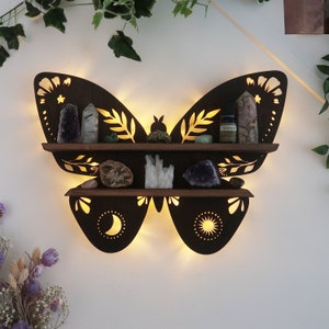 Coppermoon Brown Butterfly Shelf, Butterfly Lamp, butterfly , wooden crystal shelf,  Butterfly Wall Art