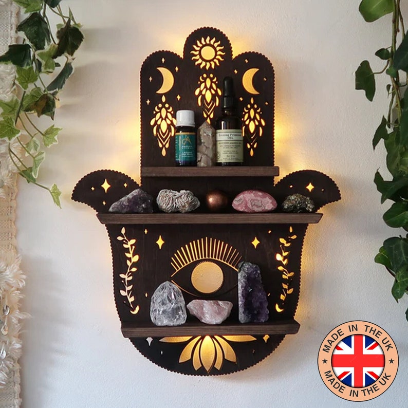 Coppermoon Brown Hamsa Hand Shelf, Hamsa Hand Lamp, Hand of Fatima, wooden crystal shelf, Hamsa Wall Art Brown