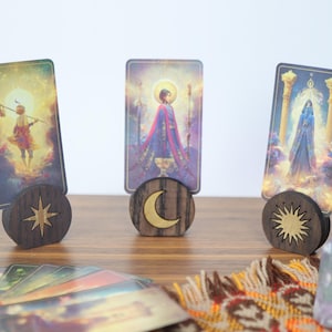 Conjunto de porta-cartas de tarô Coppermoon, padrões de sol, lua e estrelas, porta-cartas de madeira para cartas de tarô, cartas de oráculo, cartas de afirmação, presente de bruxaria