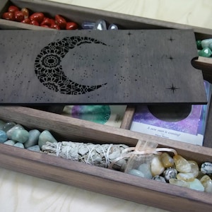 Boîte de rangement en cristal de tarot mandala de lune de cuivre, jeu de tarots, tarot, céleste, lune, cristaux, cartes de tarot, porte-cartes de tarot