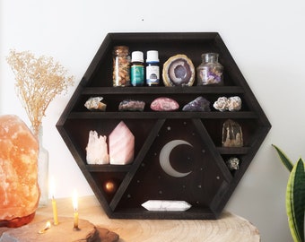 Coppermoon Black Geometric Shelf, Hexagon shelf  - Moon & Stars, Crystal Shelf