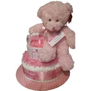 Pink Teddy Bear Diaper Cake - Three Tier Plush Newborn Baby Shower Gift