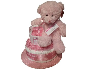 Pink Teddy Bear Diaper Cake - Three Tier Plush Newborn Baby Shower Gift