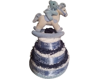 Musical Diaper Cake Blue Three Tier Rocking Horse Boy's Newborn Baby Shower Gift