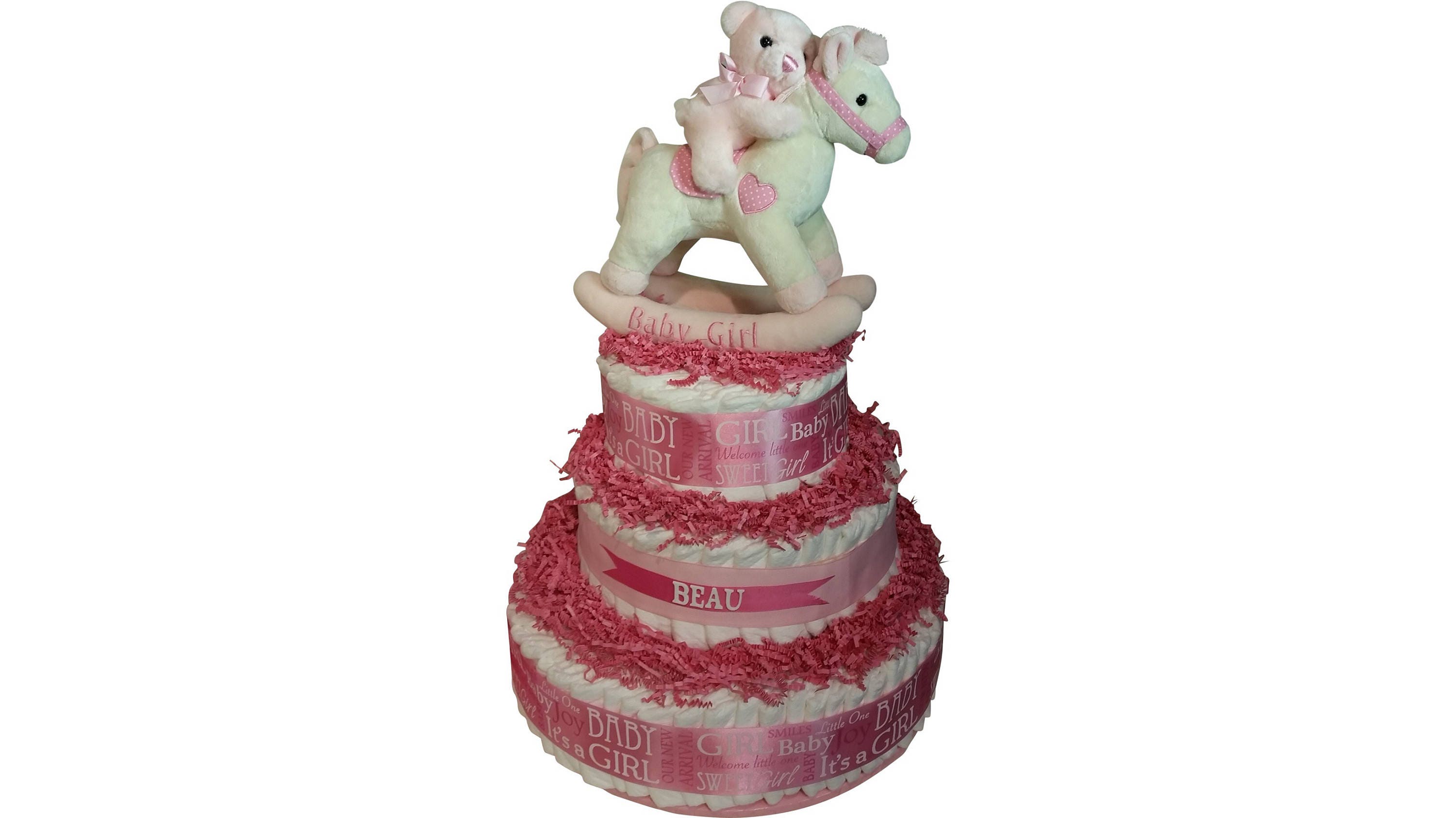 Pink Three Tier Diaper Cake Musical Rocking Horse  Baby Girl Shower Gift