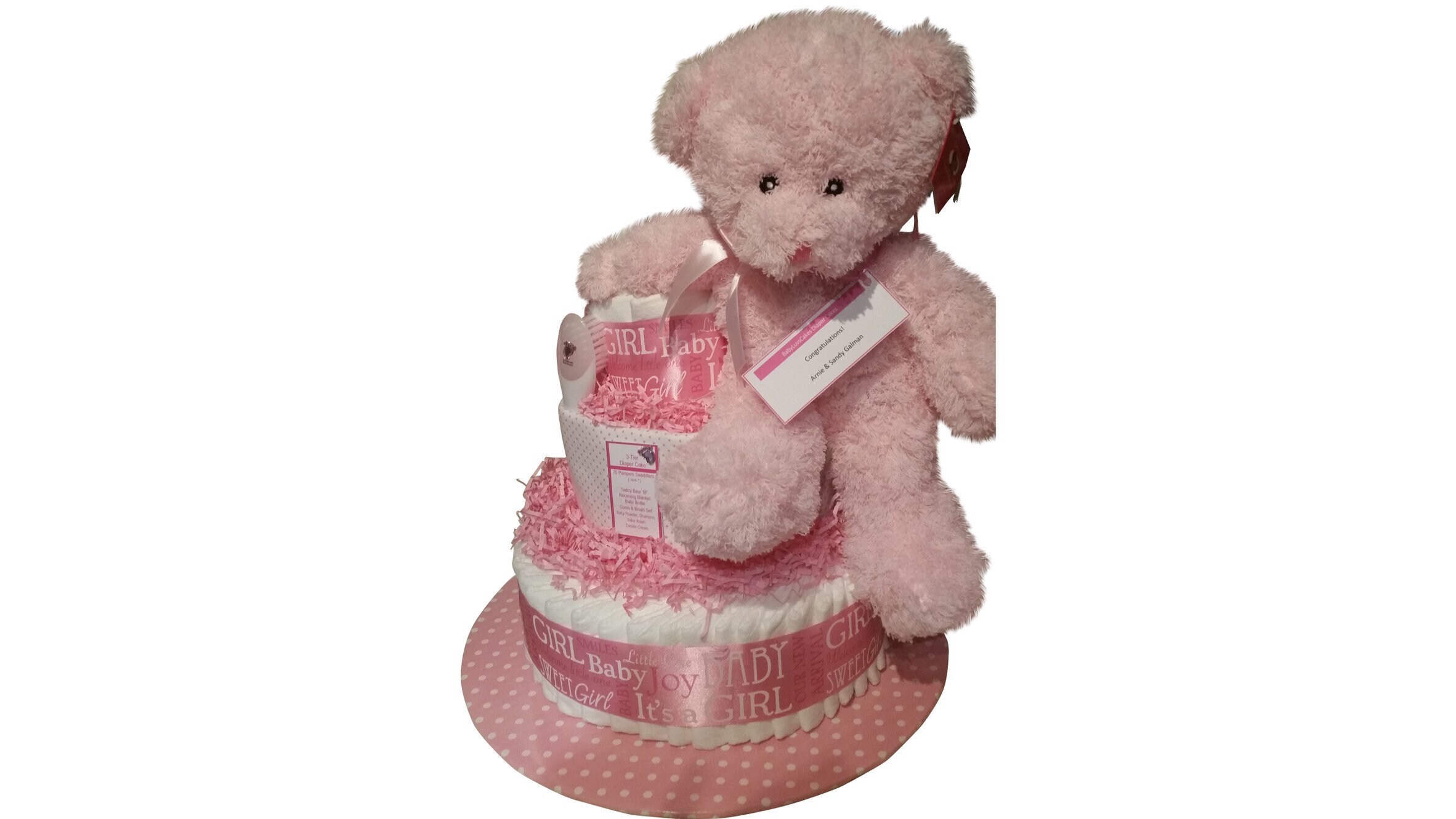 Pink Teddy Bear Diaper Cake - Three Tier Plush Newborn Baby Shower Gift ...
