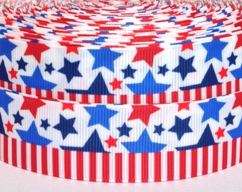 Stars and Stripes 1" Grosgrain Ribbon-3 yards Patriotic Ribbon-4th of July Ribbon-Blue White and Red Grosgrain Ribbon