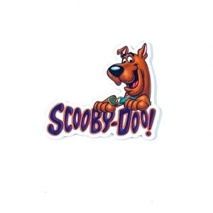 May include: A sticker featuring Scooby-Doo, a cartoon dog, holding a key. The sticker has a white border and the words "SCOOBY-DOO!" in blue and purple. Scooby-Doo is brown with a black nose and a happy expression.