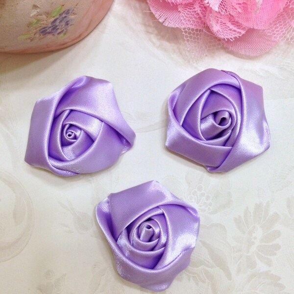 Satin Rolled Rosette-Petite Rosette Set of Three-Lavender Satin Rosette-1.5 inch Satin Rosette-Satin Flower-Mini Rolled Rosette-Rosette