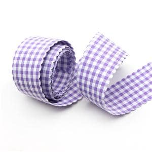 May include: A roll of ribbon featuring a purple and white gingham check pattern. The ribbon has a distinct scalloped edge design along both sides, creating a decorative border. The fabric is coiled, showing multiple layers of the checkered material.