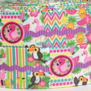 Tropical 1&quot; Grosgrain Ribbon-Flamingo Ribbon by the Yard-Fruit Ribbon-Flower ribbon-Bird Ribbon-Pineapple Ribbon-WE COMBINE SHIPPING