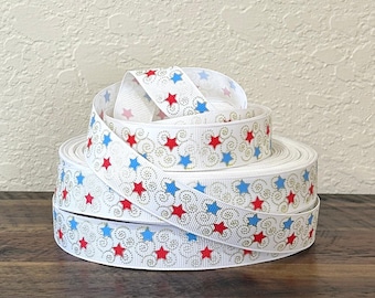 4th of July Ribbon-Stars Grosgrain Ribbon 3 yards - 7/8" Patriot ribbon - Blue White and Red Grosgrain Ribbon-Four of July Ribbon