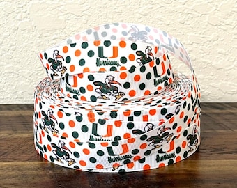 UM Hurricanes 7/8" Grosgrain Ribbon - Football - University of Miami Hurricanes - Hurricanes Ribbon - 3 or 5 Yards Ribbon