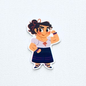 May include: A sticker featuring a cartoon illustration of a woman with brown hair, wearing a white blouse with a blue skirt and a red bow. She is flexing her bicep and has a blue, pink, and white bracelet on her arm.