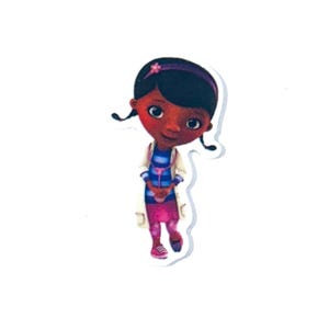May include: A die-cut sticker featuring a cartoon character with dark skin, black hair, and a purple headband. The character wears a white lab coat over a blue and pink striped shirt and pink pants. The sticker is on a white background.