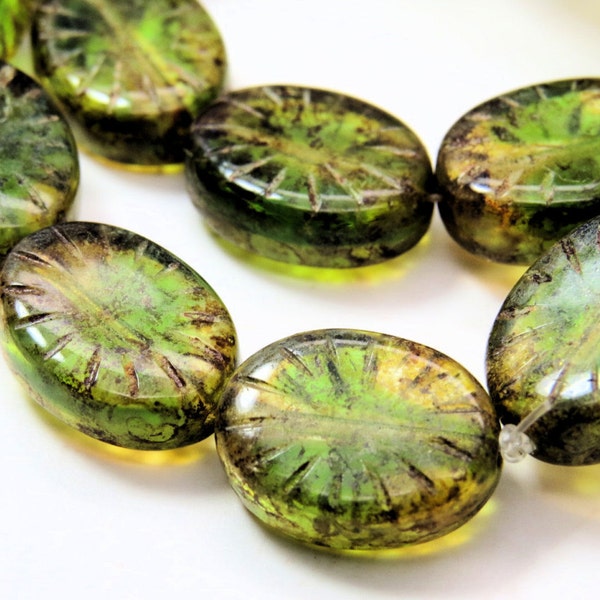 Czech Green Amber Picasso Starburst Beads Transparent Pressed Oval 11 x 14MM 10 Beads CPR008