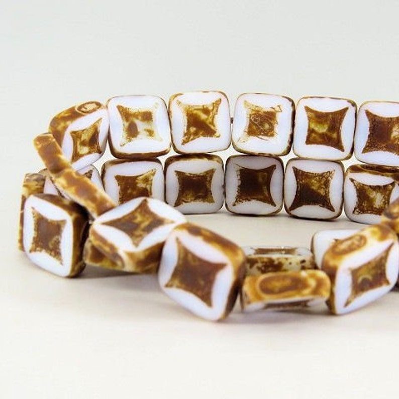White Square Beads with Astroid Design and Dark Picasso Glaze 14MM Opaque Table Cut Czech Glass 4 Beads PTCSQAS005